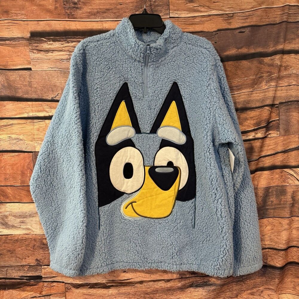 BLUEY Men's L Blue Sherpa Quarter Zip Pullover Sweatshirt Ludo Studio